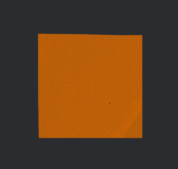 Top down view on an orange mesh made out of triangles that remesbles a terrain.