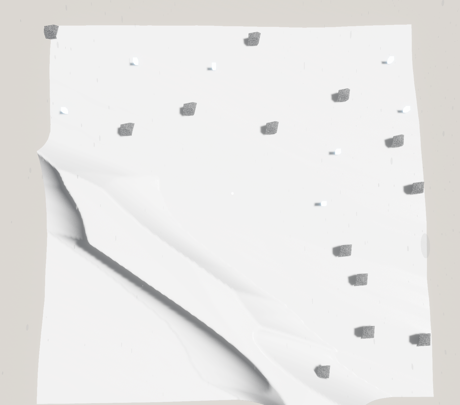 Top down view on a white mesh with objects on it and some shadows.