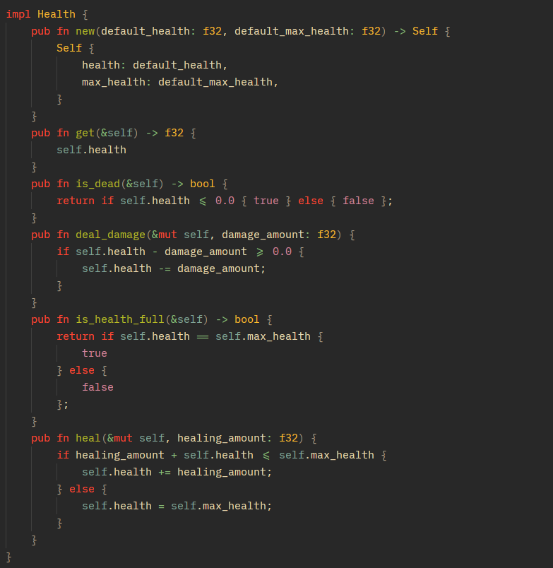 Picture of a Rust implicator showcasing functions for damaging an entity, healing and checking if the entity is alive.