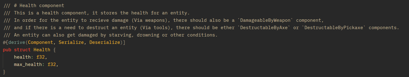 Picture of some code for the Health component. Contains values for max health and current health.