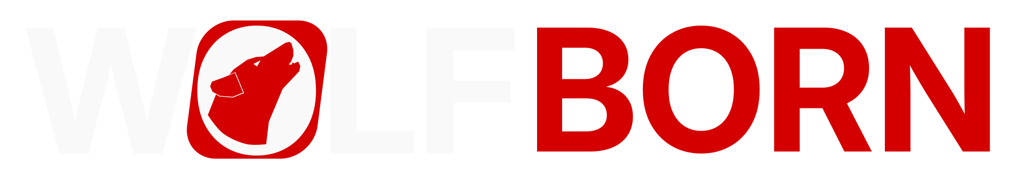 A logo with text "WolfBorn". The letter 'O' is replaced by a howling wolf, and it has a red background. The second part of the text ("BORN") is also the same red color.