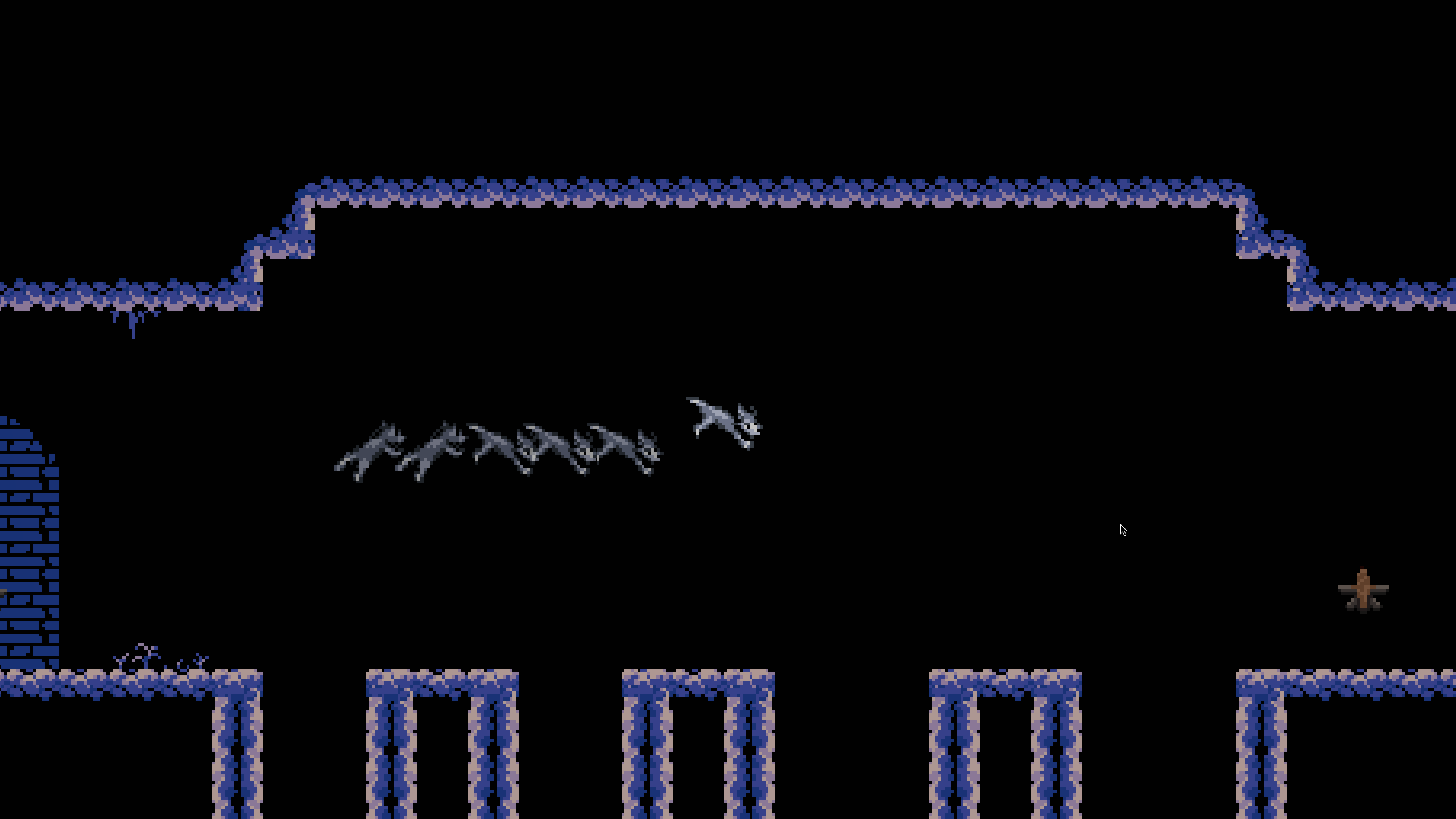 A screenshot from a video-game where a wolf dashes through the air. The art is pixel based. The wolf has a trail behind it. The colors are mostly cold (blue/purple).