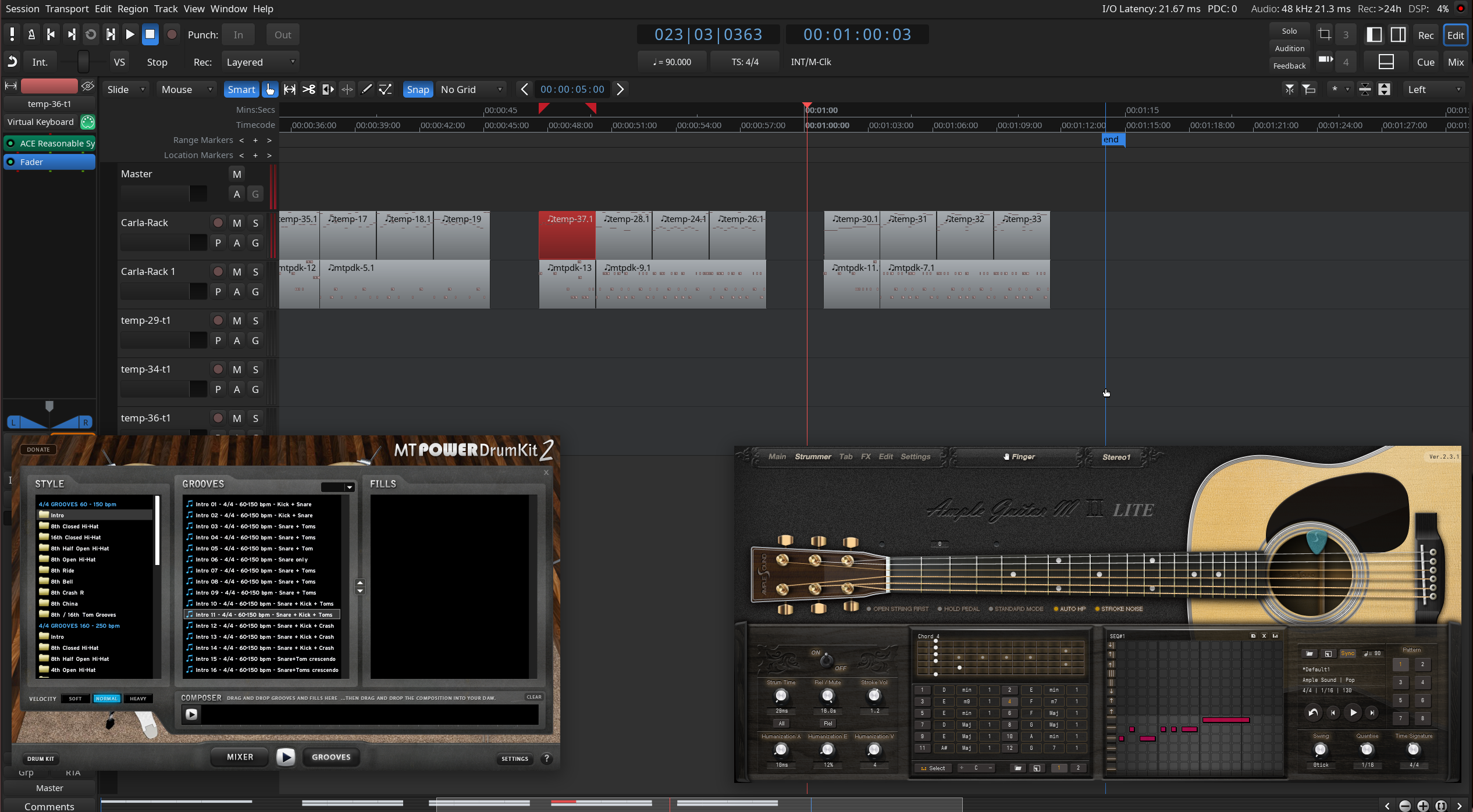 A screenshot of Ardour DAW. We can see 3 windows: A guitar VST plugin, a drum sync VST plugin and Ardour itself. There are 2 main tracks populated with MIDI regions.