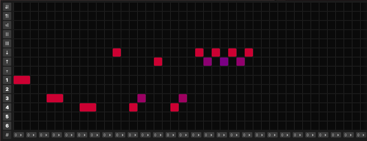 A screenshot of the strummer. Contains a grid where notes can be placed. On the bottom there is a chord select, while on the left there is a note 'try' table.